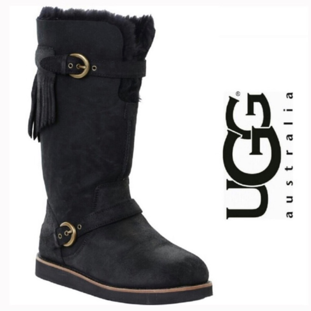 RARE Women’s UGG Black Sheepskin Moto Fringe Boots